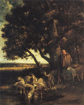 Work:&nbsp;Charles Emile Jacque A Shepherdess and her Flock by a Pool